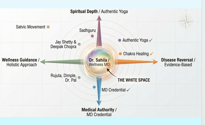 Dr. Sahila positioning map: spiritual depth, disease reversal, medical authority, and wellness guidance